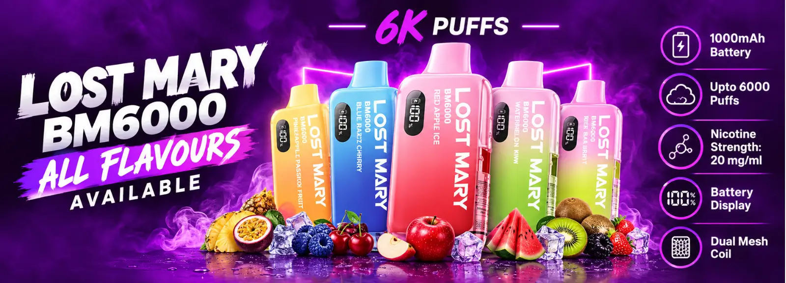 Lost Mary 6000 Vape Kit displaying 1000mAh battery and top 6k flavours